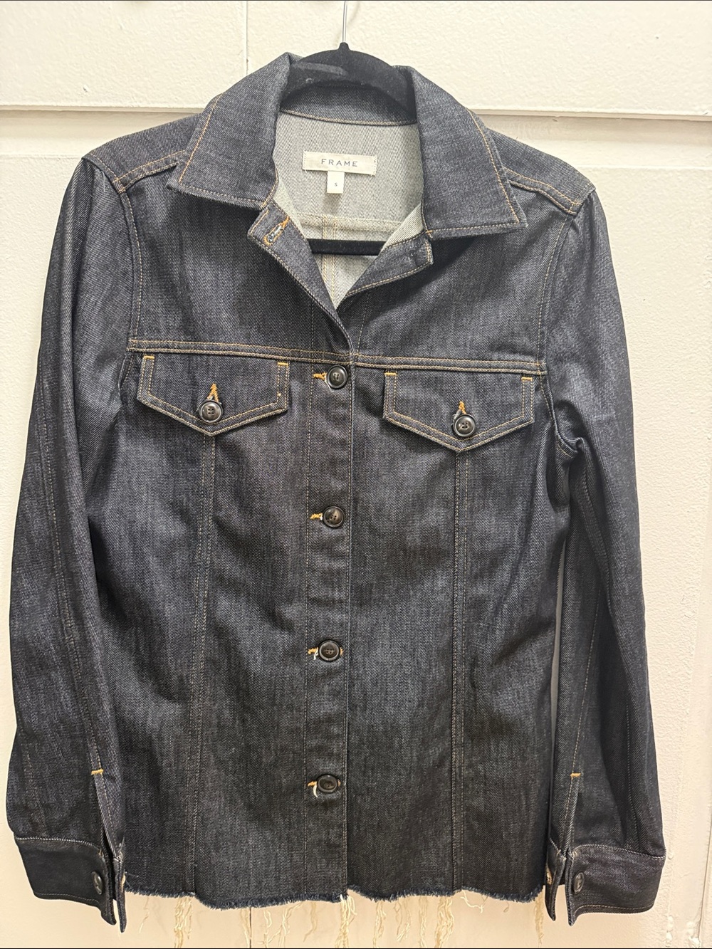 Frame Denim Indigo Dark Blue Jean Jacket with Contrast Stitching raw hem small